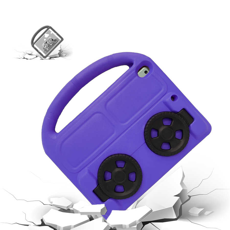 Apple iPad 10.2 (9.Nesil) Zore Wheel Car Tekerlek Standlı Tablet Eva Silikon Kılıf Pembe Koyu
