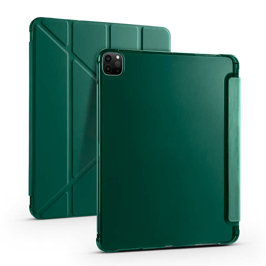 Apple iPad Pro 12.9 2021 (5.Nesil) Kılıf Zore Tri Folding Kalem Bölmeli Standlı Kılıf Koyu Yeşil