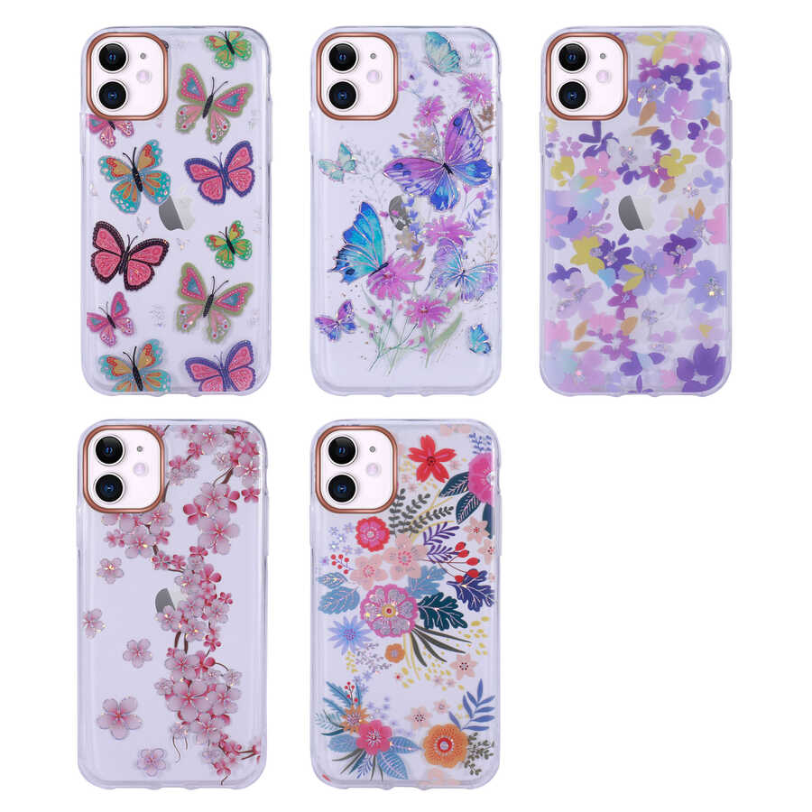 Apple iPhone 11 Kılıf Desenli Simli Sert Zore İnka Kapak NO1