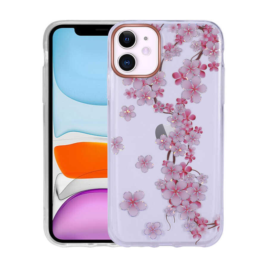 Apple iPhone 11 Kılıf Desenli Simli Sert Zore İnka Kapak NO3