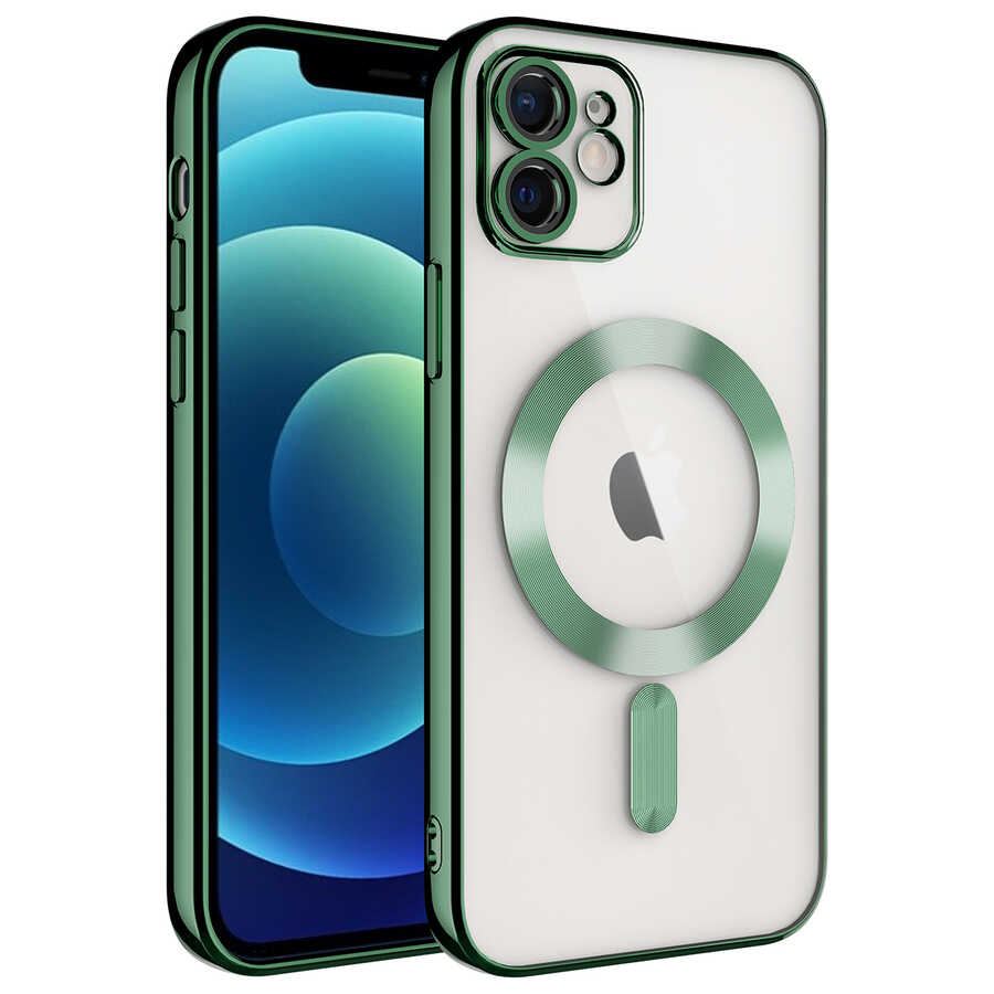 Apple iPhone 11 Kılıf Kamera Korumalı M-safe Wireless Şarj Özellikli Zore Demre Kapak Koyu Yeşil