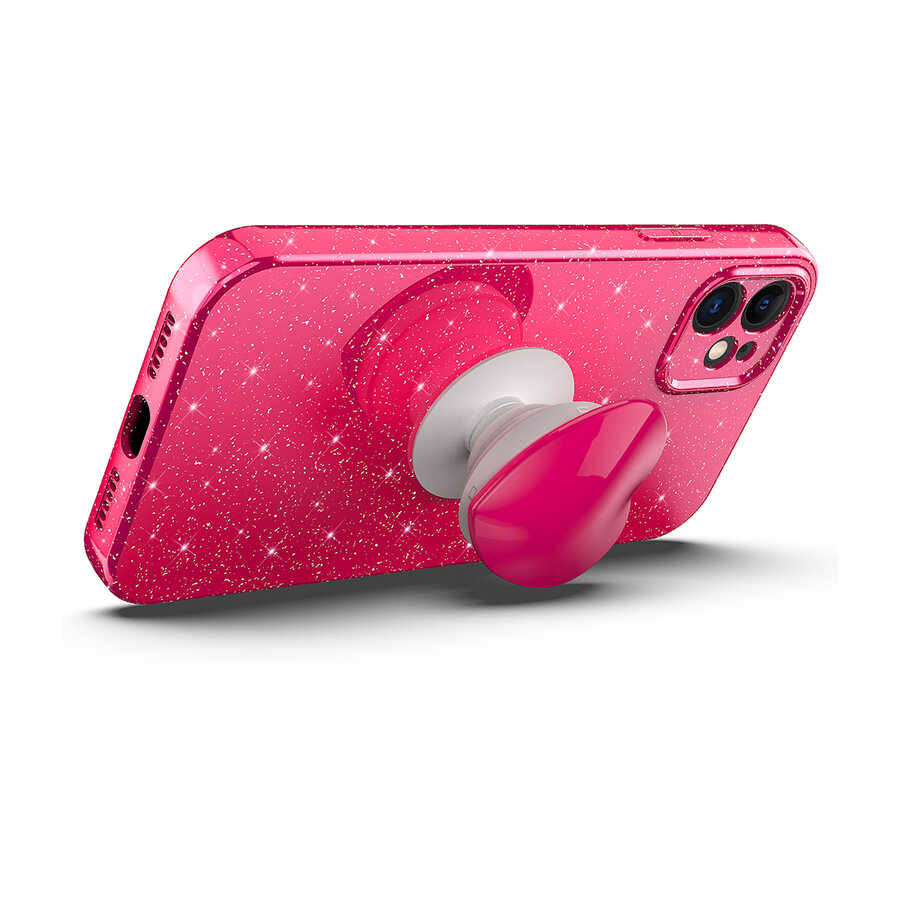Apple iPhone 11 Kılıf Kamera Korumalı Simli Pop Soketli Lüks Zore Koton Soketli Kapak Pembe Koyu
