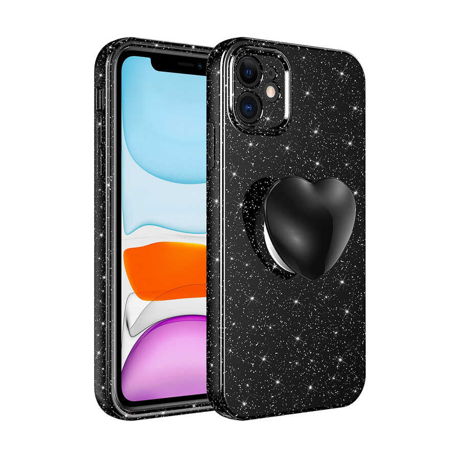 Apple iPhone 11 Kılıf Kamera Korumalı Simli Pop Soketli Lüks Zore Koton Soketli Kapak Siyah