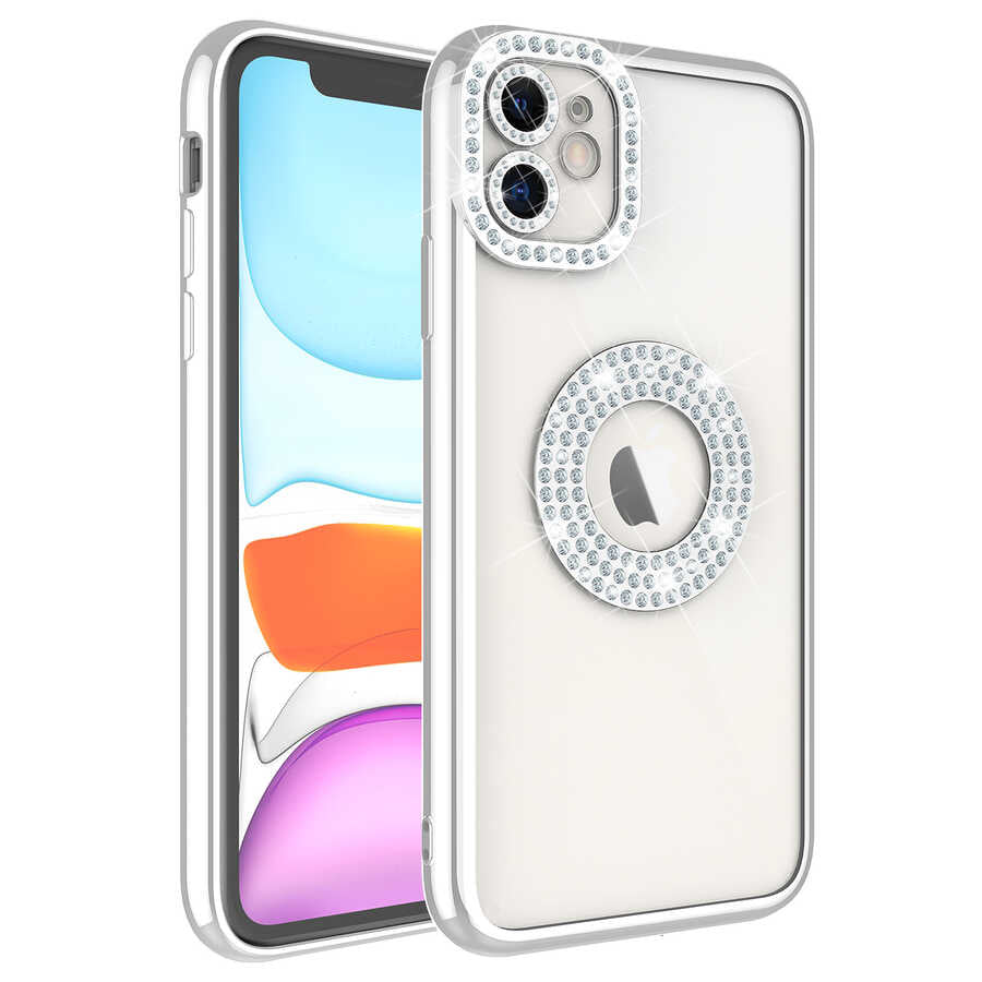 Apple iPhone 11 Kılıf Kamera Korumalı Taş Süslemeli Arkası Şeffaf Zore Asya Kapak Gümüş
