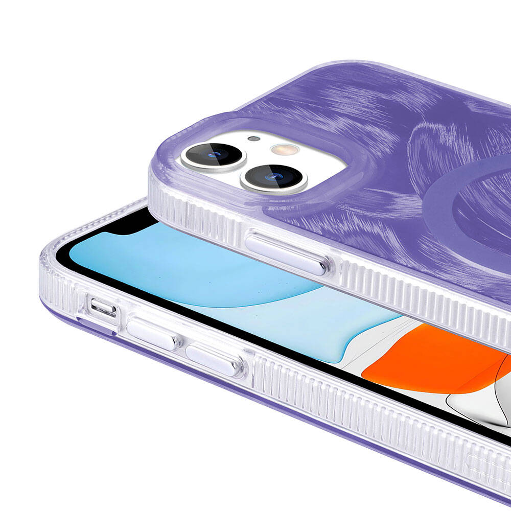 Apple iPhone 11 Kılıf M-safe Şarj Özellikli Fırça Boya Desenli Zore Palet Kapak Gri