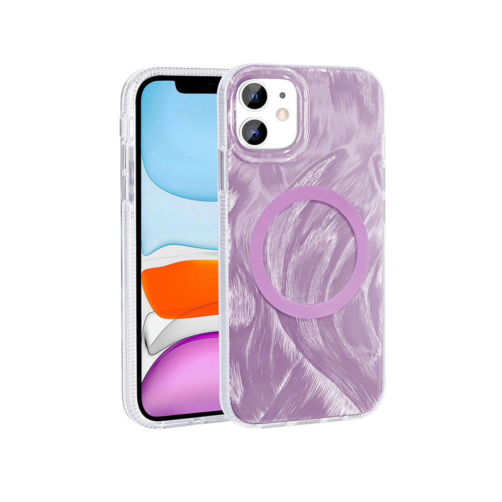 Apple iPhone 11 Kılıf M-safe Şarj Özellikli Fırça Boya Desenli Zore Palet Kapak Gri