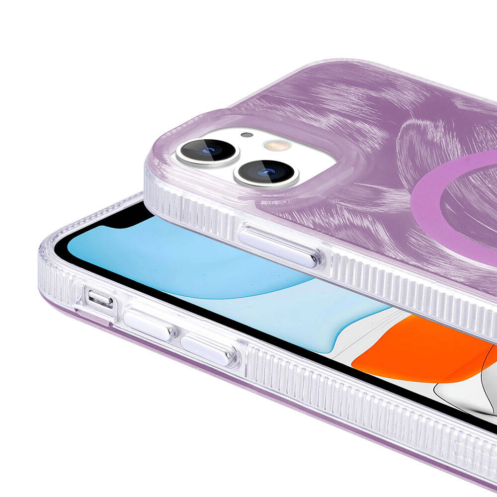 Apple iPhone 11 Kılıf M-safe Şarj Özellikli Fırça Boya Desenli Zore Palet Kapak Gri