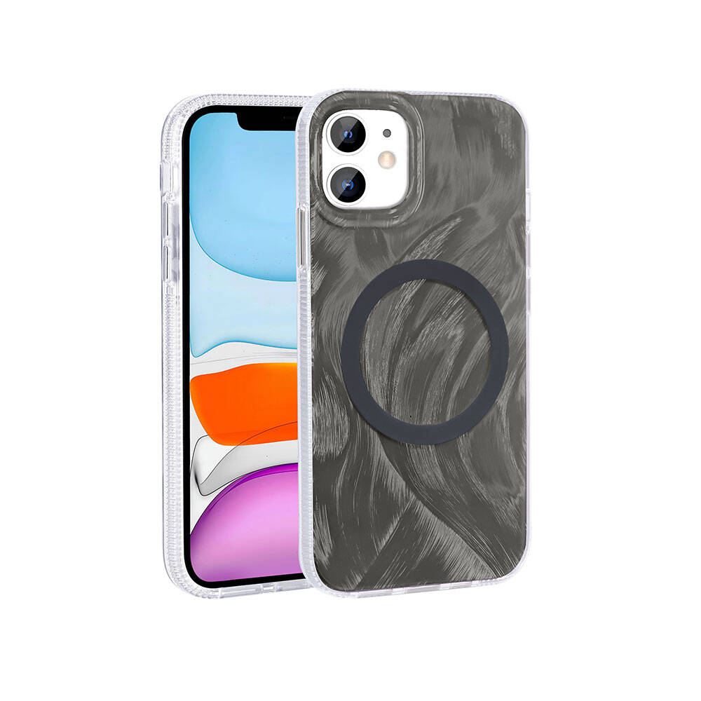 Apple iPhone 11 Kılıf M-safe Şarj Özellikli Fırça Boya Desenli Zore Palet Kapak Pembe