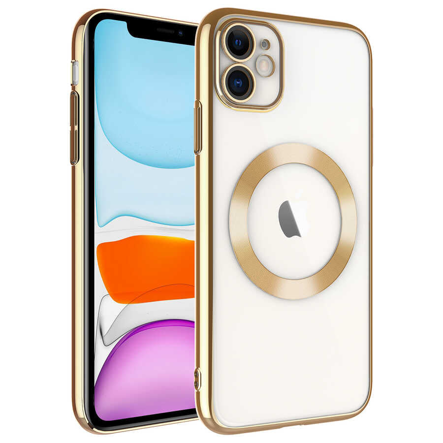 Apple iPhone 11 Kılıf Wireless Şarj Özellikli Sert PC Zore Riksos M-safe Kapak Gold