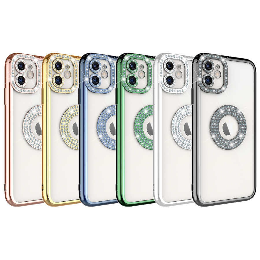 Apple iPhone 12 Kılıf Kamera Korumalı Taş Süslemeli Arkası Şeffaf Zore Asya Kapak Yeşil