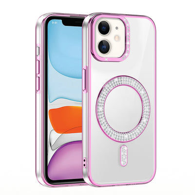 Apple iPhone 12 Kılıf Pırlanta Taş Tasarımlı M-safe Şarj Özellikli Zore Karetta Silikon Kapak Mor