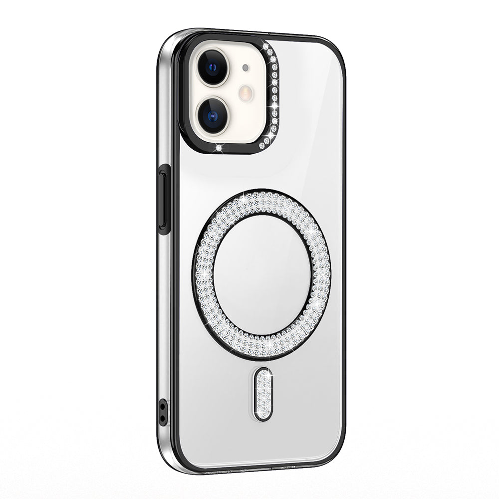 Apple iPhone 12 Kılıf Pırlanta Taş Tasarımlı M-safe Şarj Özellikli Zore Karetta Silikon Kapak Mavi
