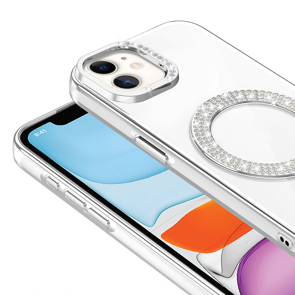 Apple iPhone 12 Kılıf Pırlanta Taş Tasarımlı M-safe Şarj Özellikli Zore Karetta Silikon Kapak Mavi