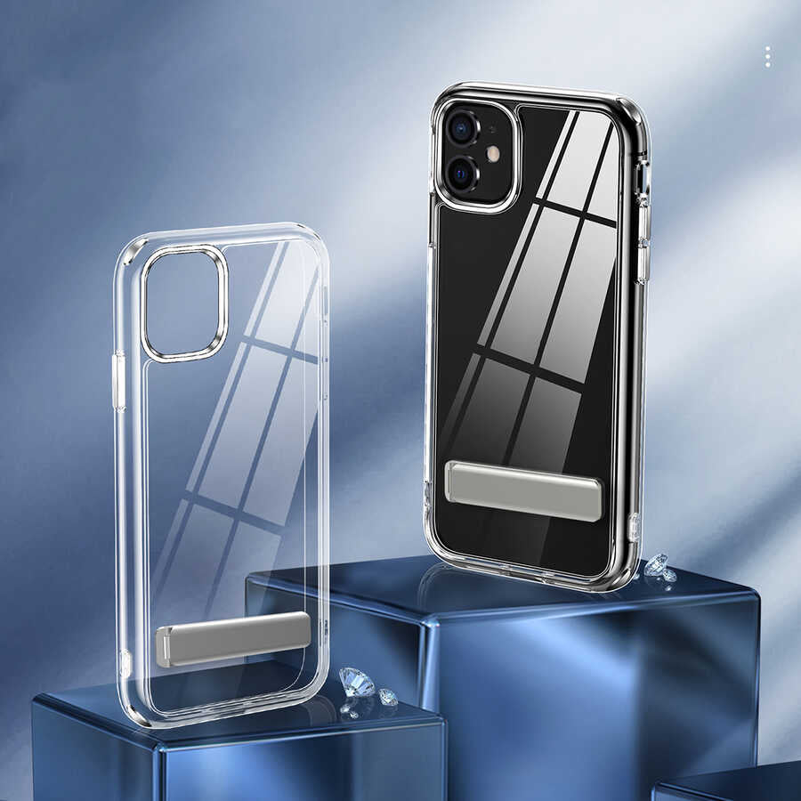 Apple iPhone 12 Kılıf Standlı Şeffaf Silikon Zore L-Stand Kapak Renksiz