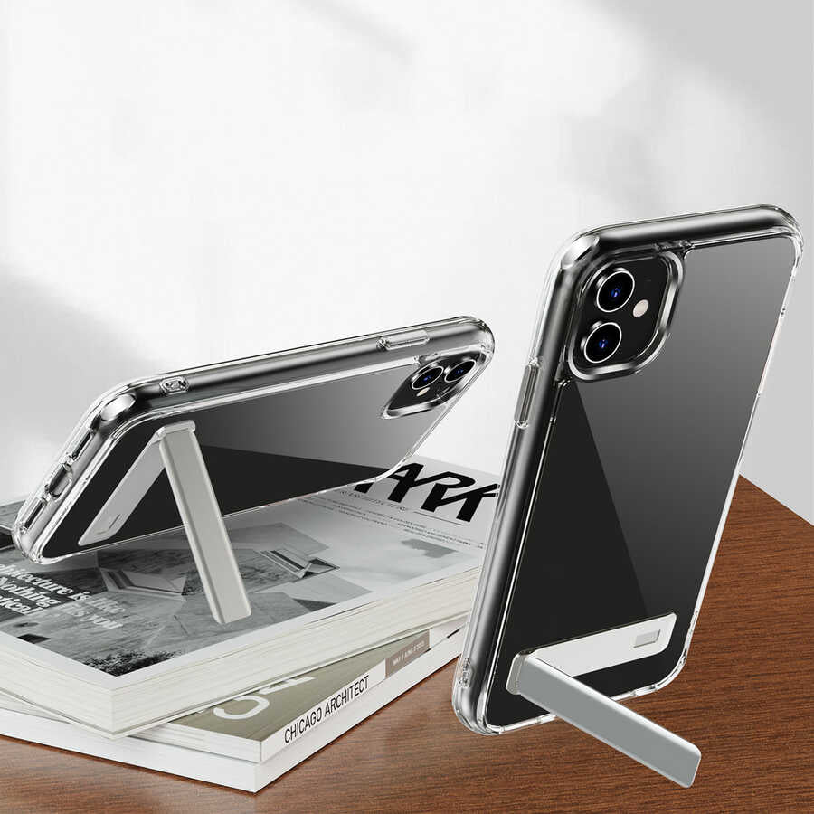 Apple iPhone 12 Kılıf Standlı Şeffaf Silikon Zore L-Stand Kapak Renksiz