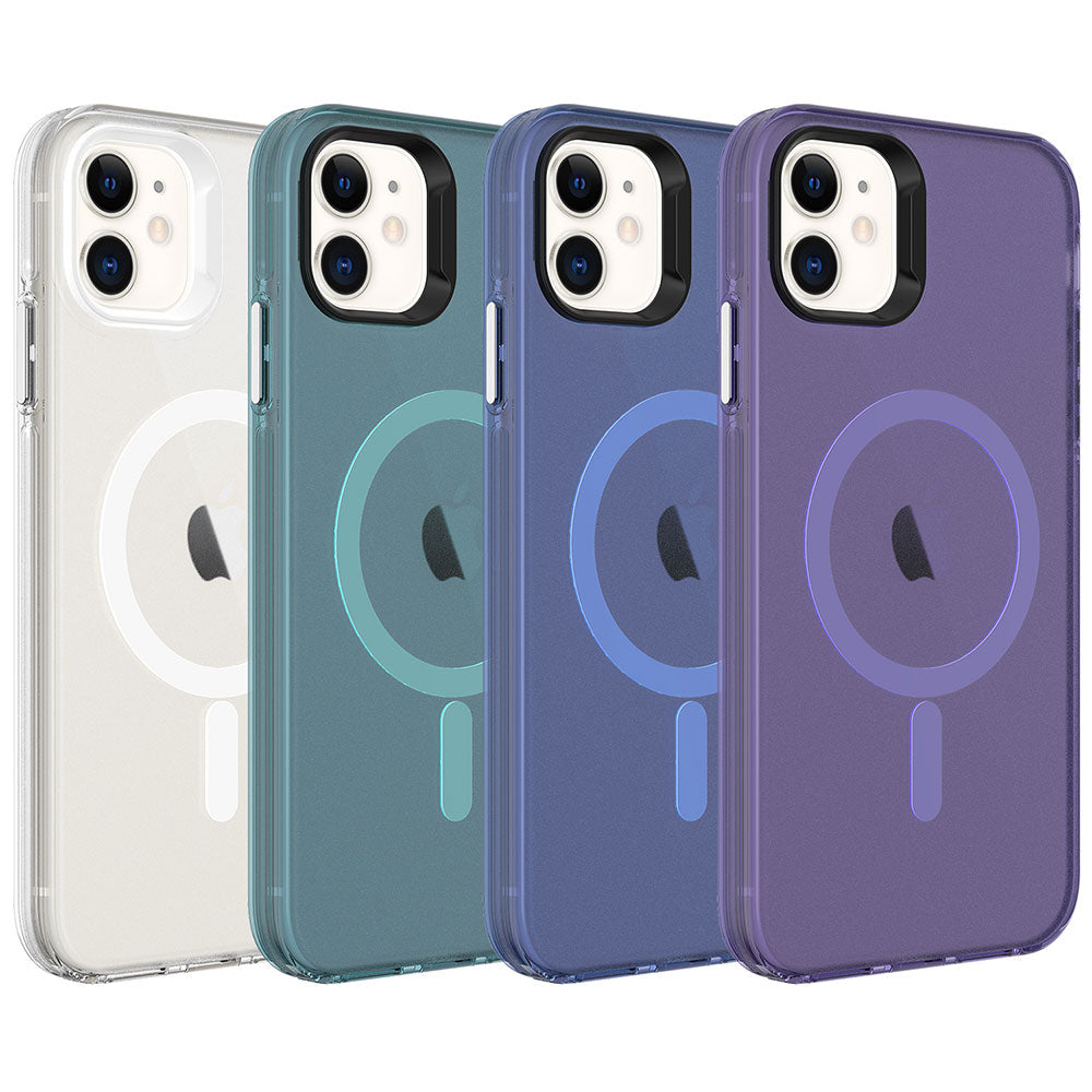 Apple iPhone 12 Kılıf Zore M-safe Şarj Özellikli Buzlu Transparan C-Pro Sert Kapak Koyu Yeşil