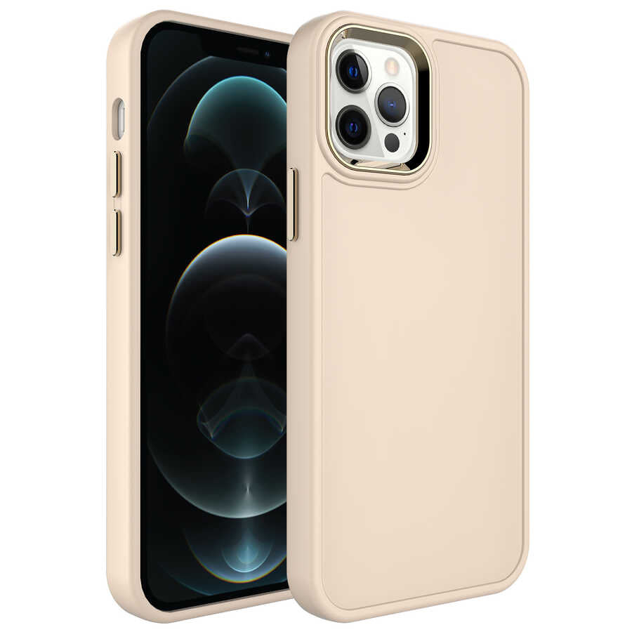Apple iPhone 12 Pro Kılıf Metal Çerçeve ve Buton Tasarımlı Sert Zore Botox Kapak Krem