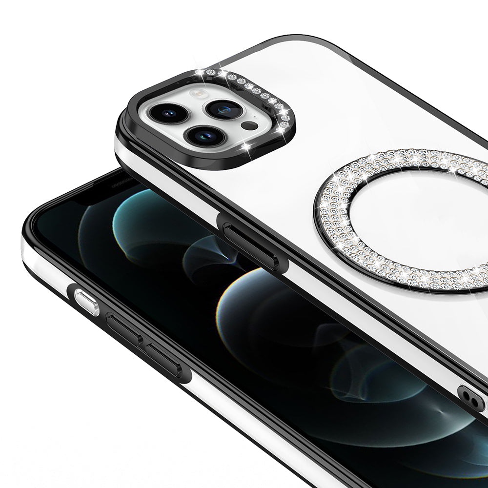 Apple iPhone 12 Pro Kılıf Pırlanta Taş Tasarımlı M-safe Şarj Özellikli Zore Karetta Silikon Kapak Rose Gold