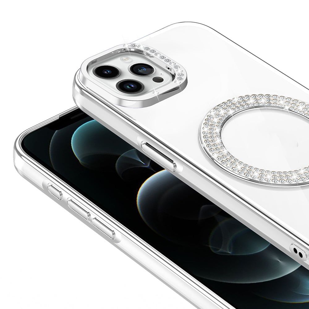 Apple iPhone 12 Pro Kılıf Pırlanta Taş Tasarımlı M-safe Şarj Özellikli Zore Karetta Silikon Kapak Rose Gold