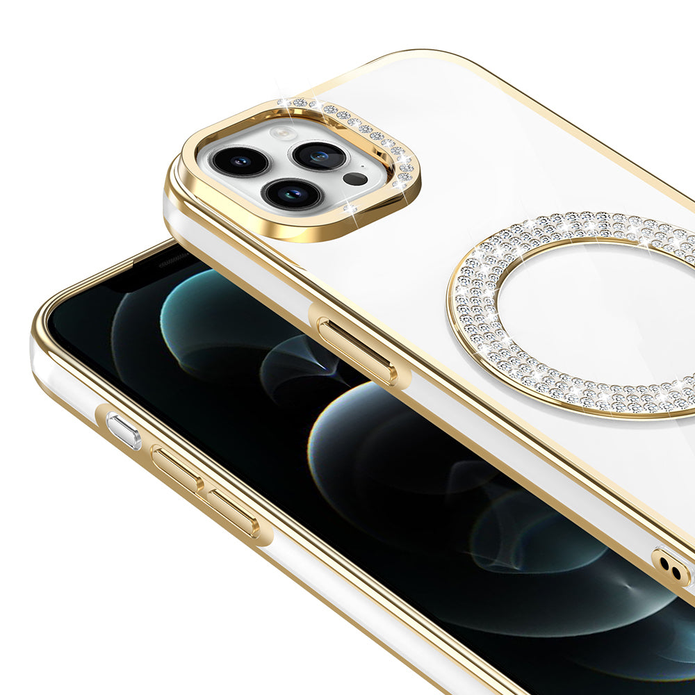 Apple iPhone 12 Pro Kılıf Pırlanta Taş Tasarımlı M-safe Şarj Özellikli Zore Karetta Silikon Kapak Gold