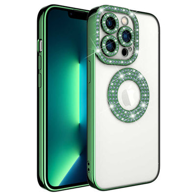 Apple iPhone 12 Pro Max Kılıf Kamera Korumalı Taş Süslemeli Arkası Şeffaf Zore Asya Kapak Mavi