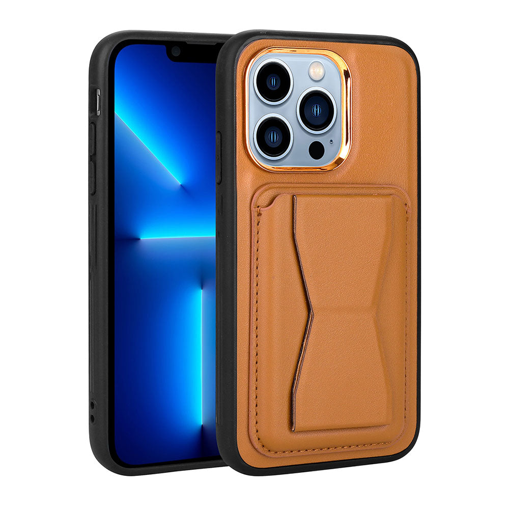 Apple iPhone 12 Pro Max Kılıf Kartlıklı Standlı Pu Deri Zore Memo Kapak Kahve Açık