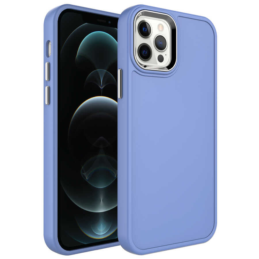 Apple iPhone 12 Pro Max Kılıf Metal Çerçeve ve Buton Tasarımlı Sert Zore Botox Kapak Lavendery Gray