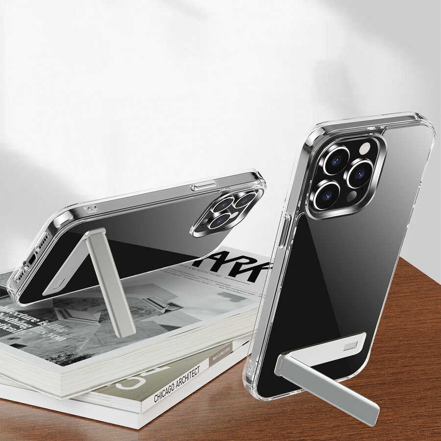 Apple iPhone 12 Pro Max Kılıf Standlı Şeffaf Silikon Zore L-Stand Kapak Renksiz