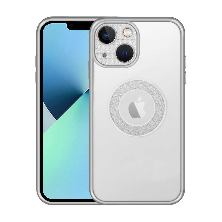 Apple iPhone 13 Kılıf Kamera Korumalı Logo Gösteren Zore Esta Kapak Gümüş