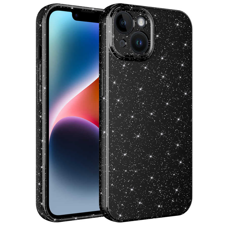 Apple iPhone 13 Kılıf Kamera Korumalı Simli Lüks Zore Koton Kapak Siyah