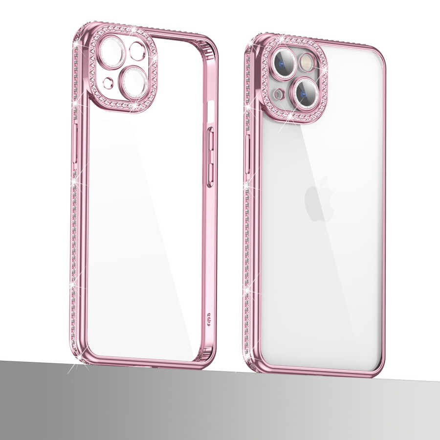 Apple iPhone 13 Kılıf Kamera Korumalı Taşlı Zore Mina Kapak Rose Gold