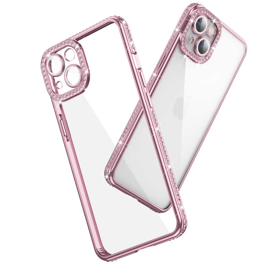 Apple iPhone 13 Kılıf Kamera Korumalı Taşlı Zore Mina Kapak Gold