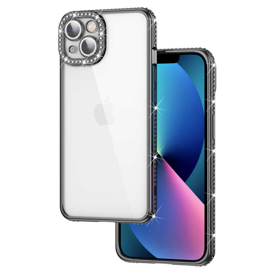 Apple iPhone 13 Kılıf Kamera Korumalı Taşlı Zore Mina Kapak Siyah