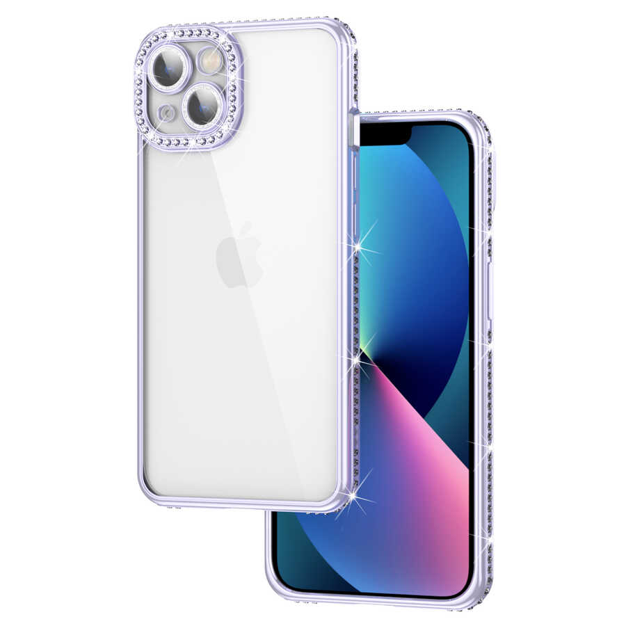 Apple iPhone 13 Kılıf Kamera Korumalı Taşlı Zore Mina Kapak Lila
