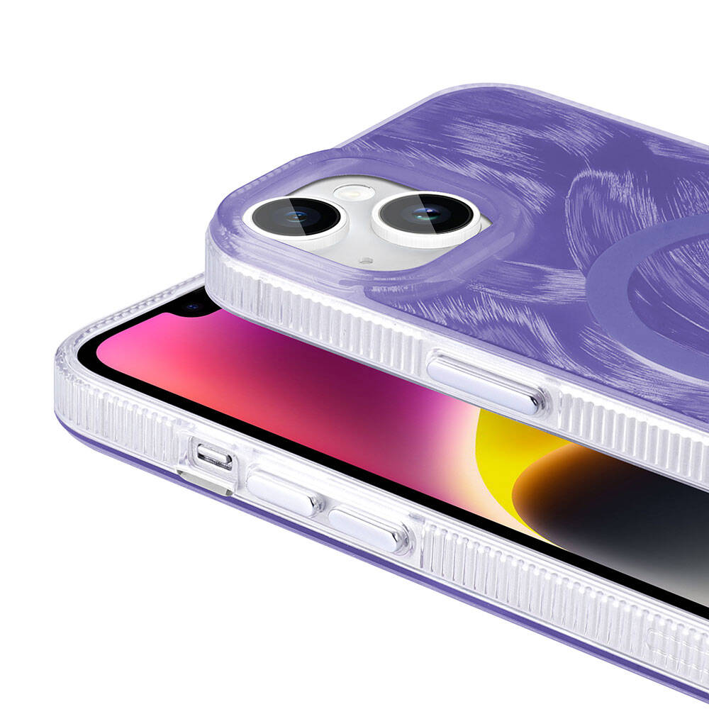Apple iPhone 13 Kılıf M-safe Şarj Özellikli Fırça Boya Desenli Zore Palet Kapak Mor