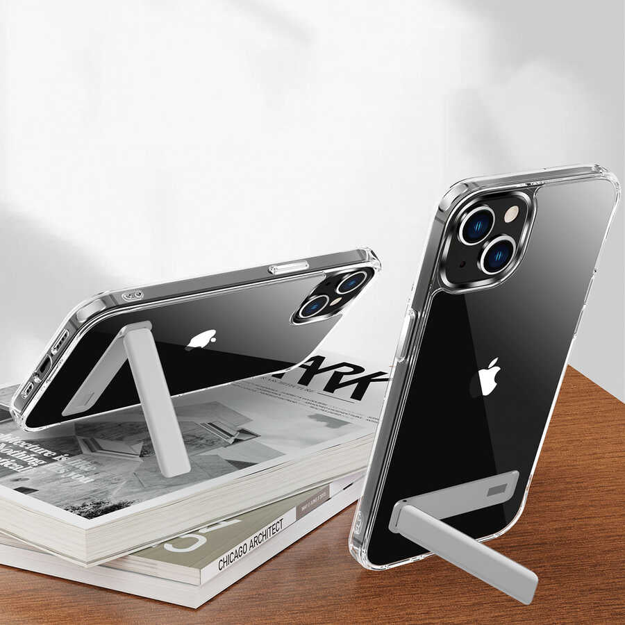 Apple iPhone 13 Kılıf Standlı Şeffaf Silikon Zore L-Stand Kapak Renksiz