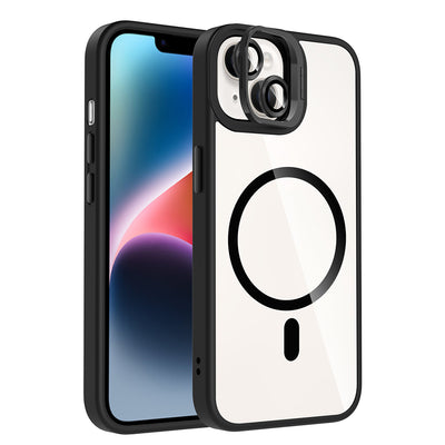 Apple iPhone 13 Kılıf Standlı ve Kamera Lens Hediyeli M-Safe Şarj Özellikli Zore Etro Kapak Gri