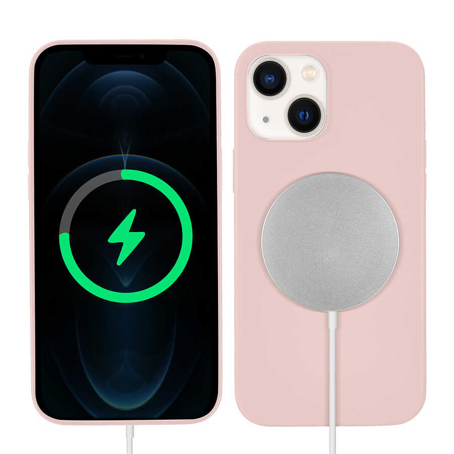 Apple iPhone 13 Kılıf Zore Silksafe Wireless Kapak Pembe Açık