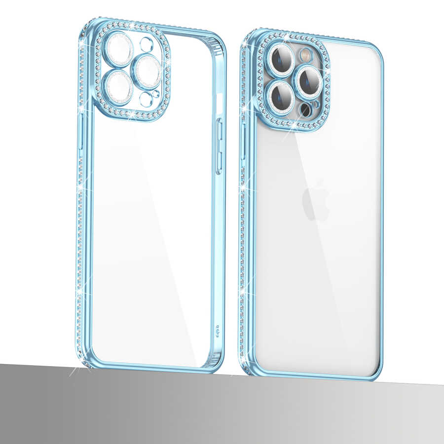 Apple iPhone 13 Pro Max Kılıf Kamera Korumalı Taşlı Zore Mina Kapak Gümüş