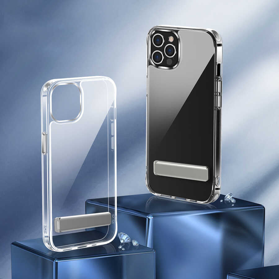 Apple iPhone 13 Pro Max Kılıf Standlı Şeffaf Silikon Zore L-Stand Kapak Renksiz