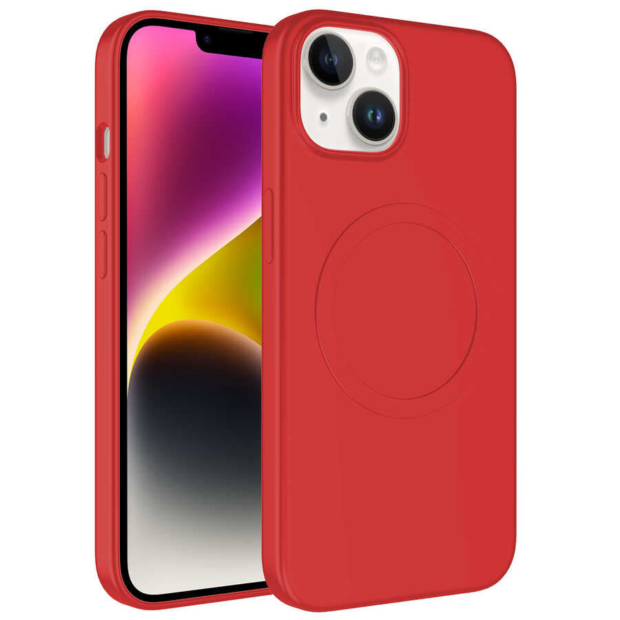 Apple iPhone 14 Kılıf M-safe Wireless Şarj Özellikli Pastel Renk Silikon Zore Plas Kapak Kırmızı