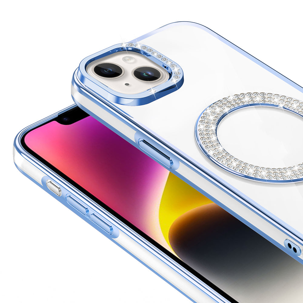 Apple iPhone 14 Kılıf Pırlanta Taş Tasarımlı M-safe Şarj Özellikli Zore Karetta Silikon Kapak Siyah