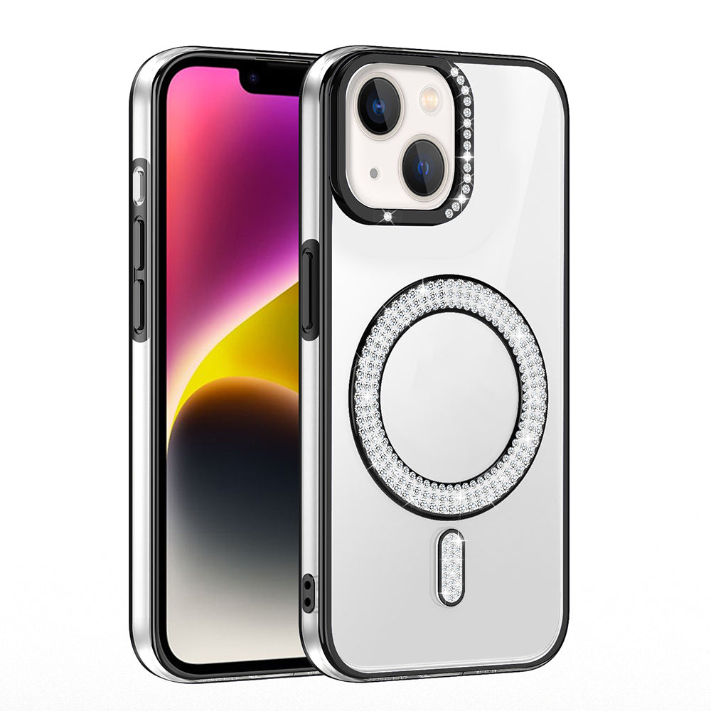 Apple iPhone 14 Kılıf Pırlanta Taş Tasarımlı M-safe Şarj Özellikli Zore Karetta Silikon Kapak Rose Gold