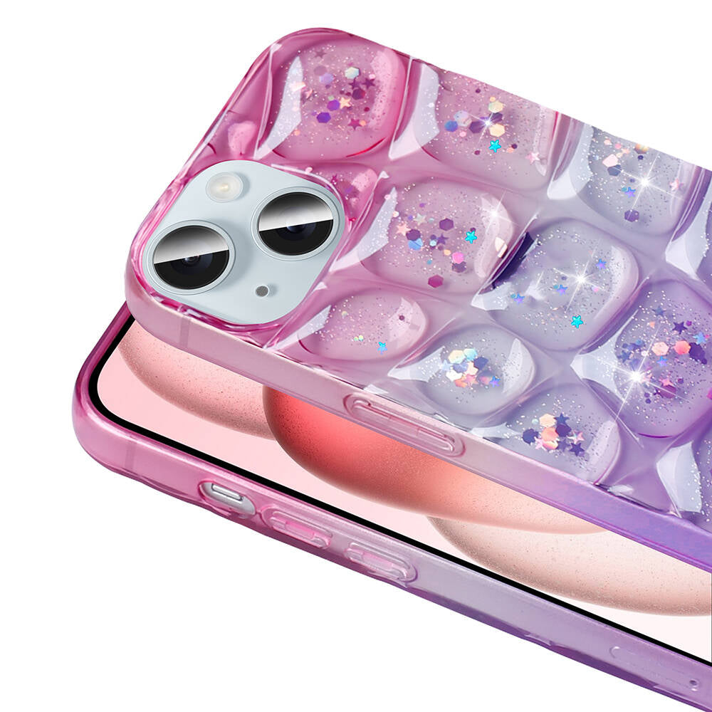 Apple iPhone 14 Kılıf Simli 3D Desenli Zore Hacar Kapak Mor-Mavi