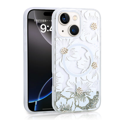 Apple iPhone 14 Kılıf Sıvılı Simli Baskılı Şeffaf Arka Yüzey Zore Mossa Silikon Kapak Sarı