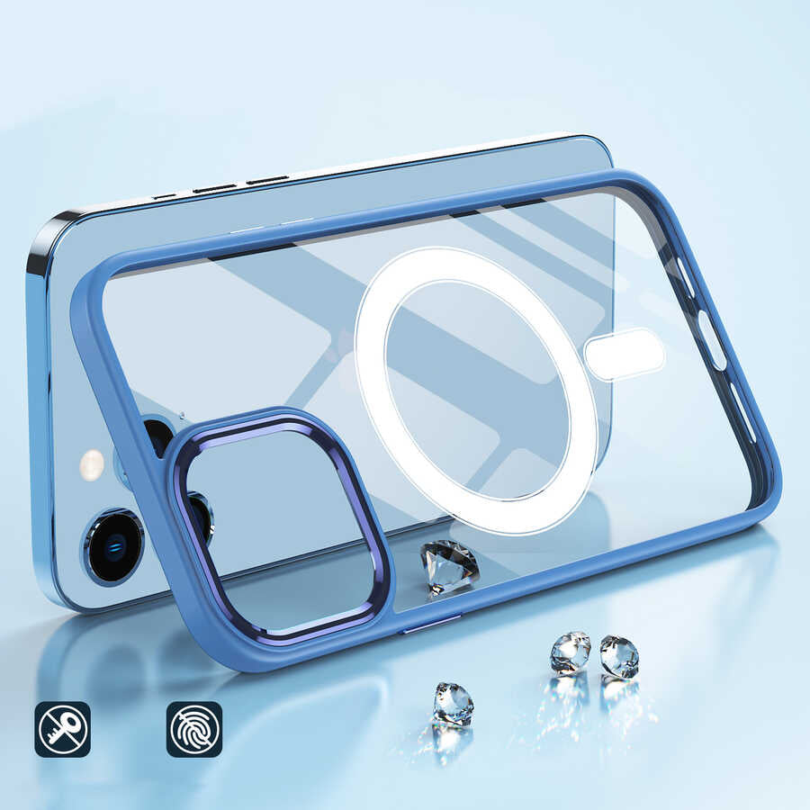 Apple iPhone 14 Plus Kılıf Wireless Şarj Özellikli Zore Krom M-safe Silikon Kapak Lacivert