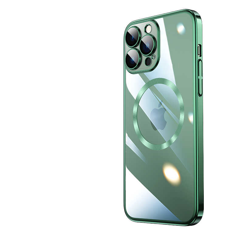 Apple iPhone 14 Pro Kılıf Wireless Şarj Özellikli Sert PC Zore Riksos M-safe Kapak Koyu Yeşil