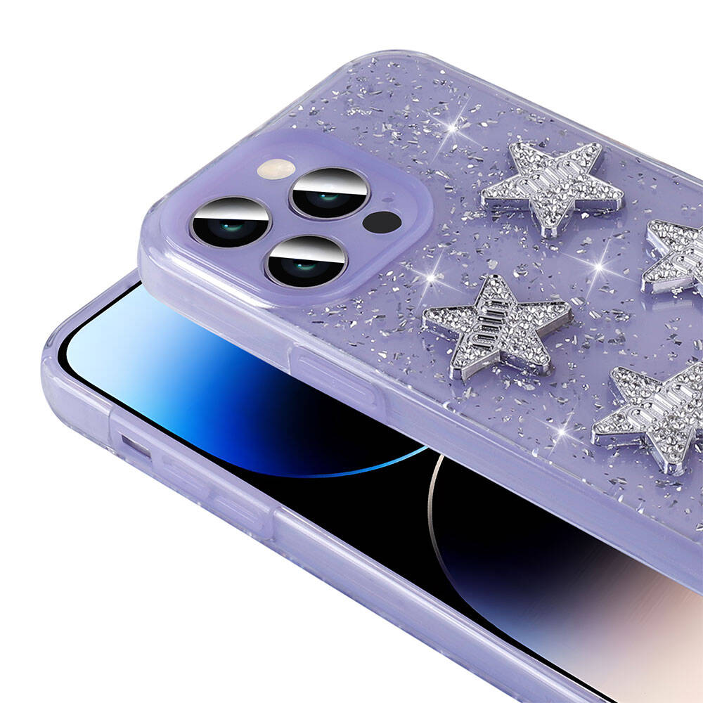Apple iPhone 14 Pro Max Kılıf Airbagli Simli Arka Yüzey Zore Işıltı Silikon Kapak Beyaz-Yıldız