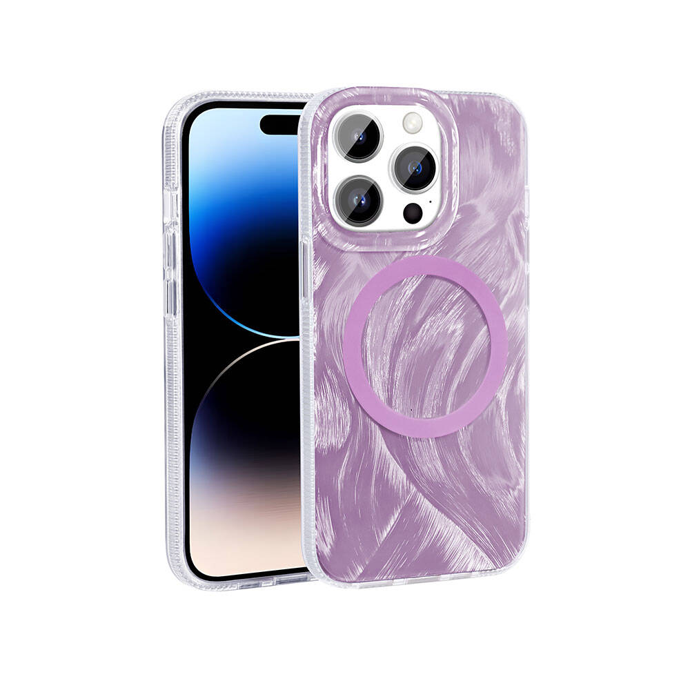Apple iPhone 14 Pro Max Kılıf M-safe Şarj Özellikli Fırça Boya Desenli Zore Palet Kapak Pembe