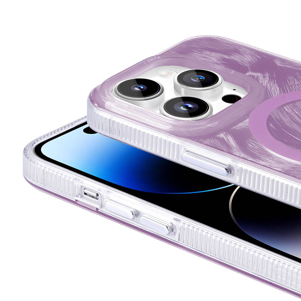 Apple iPhone 14 Pro Max Kılıf M-safe Şarj Özellikli Fırça Boya Desenli Zore Palet Kapak Gri